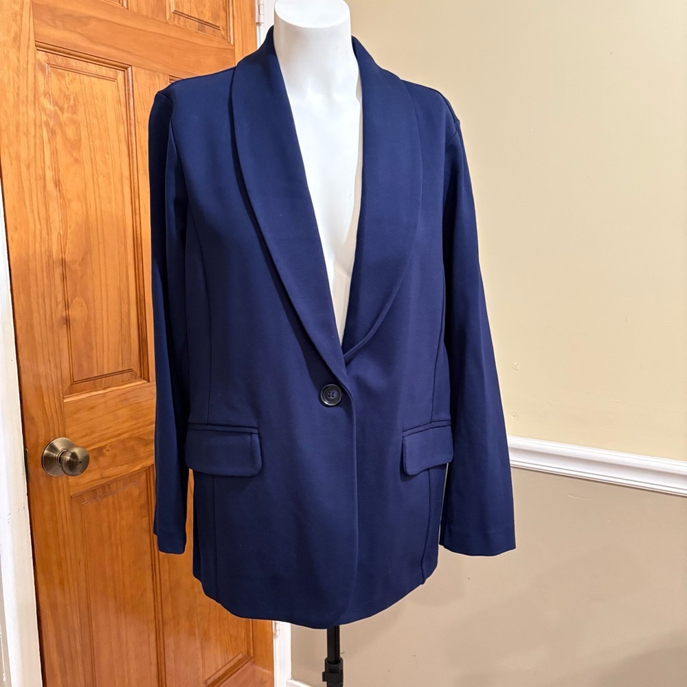 Set of Two Susan Graver Petite Tailored Classic Navy Blue Blazer/Pants Sz L